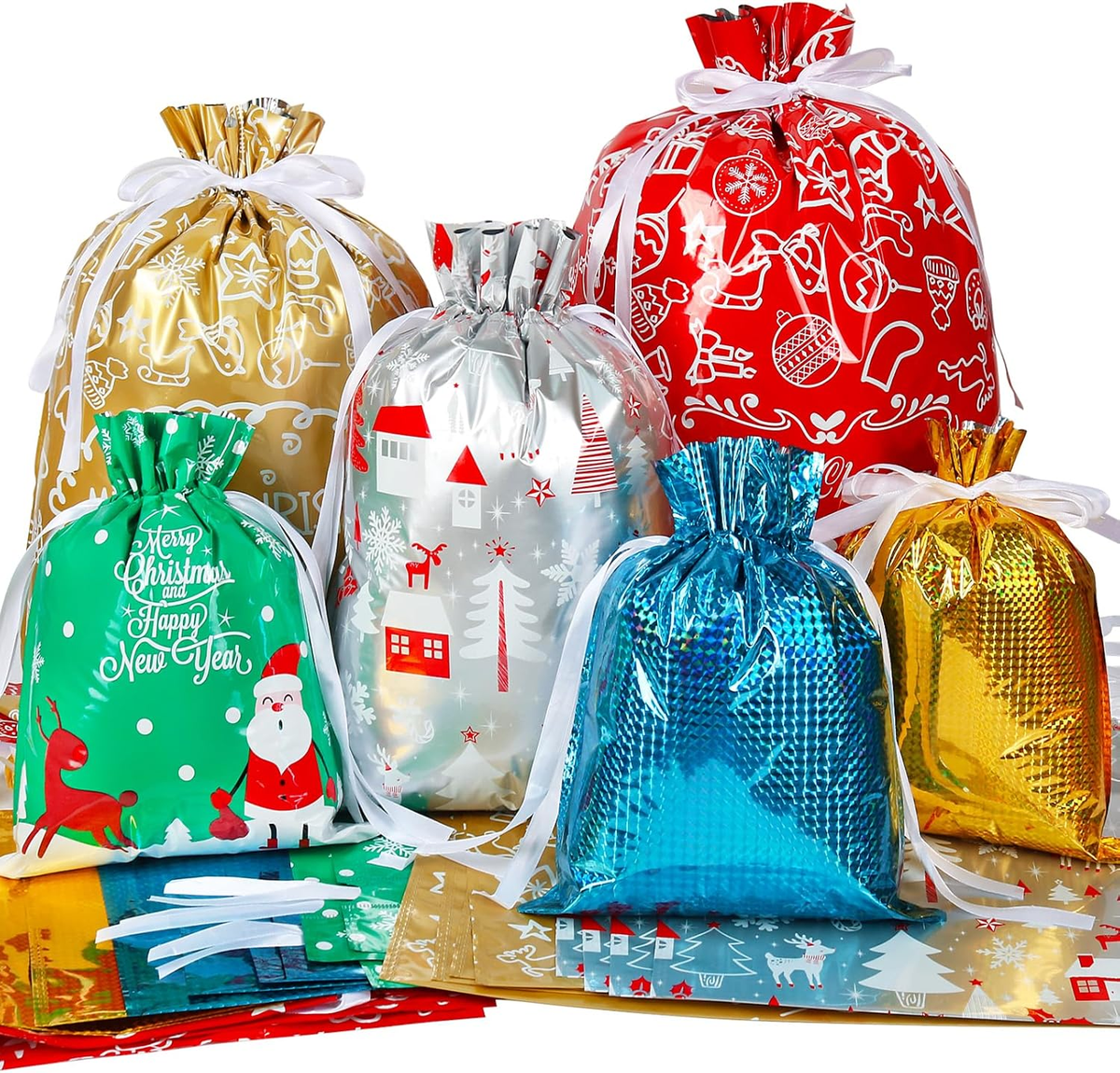 🔥Assorted Sizes 🎅30pcs Foil Drawstring Christmas Gift Bags