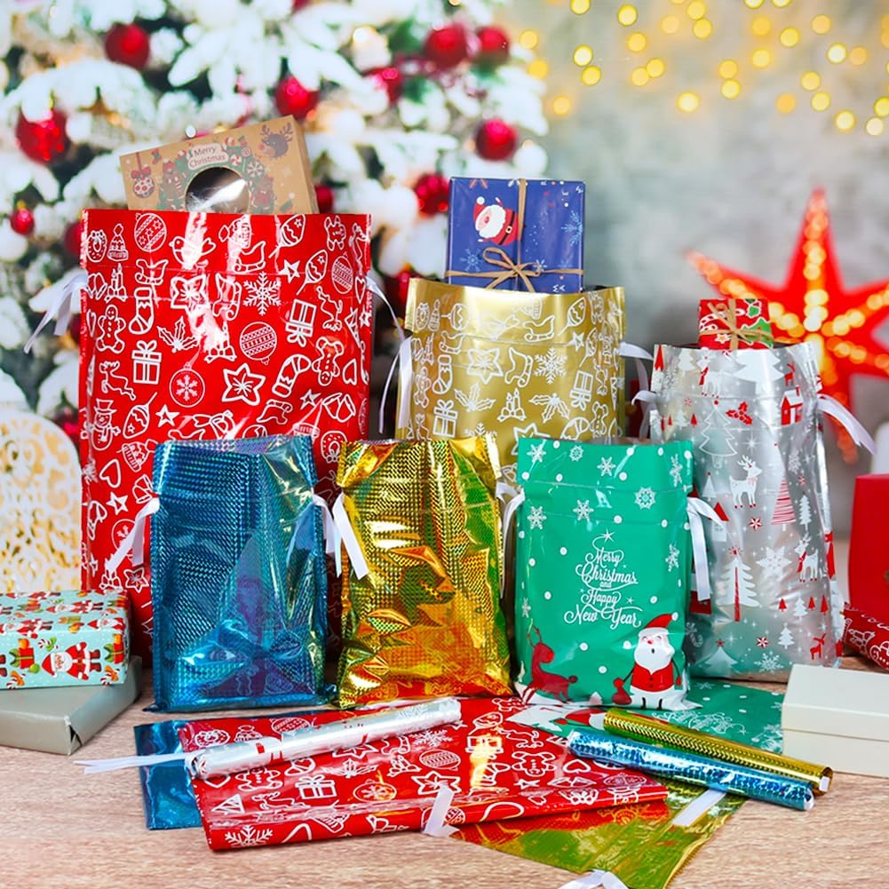 🔥Assorted Sizes 🎅30pcs Foil Drawstring Christmas Gift Bags